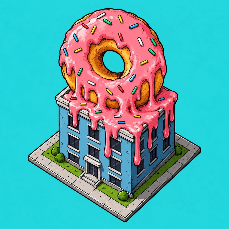 Illustration of a four-story blue building with a giant strawberry donut on its roof, pink glaze melting down the walls.